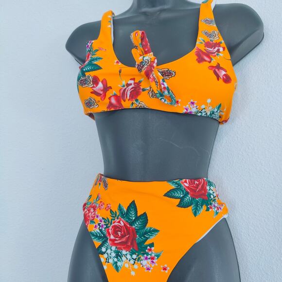 Orange Floral HIgh waist Thong Bikini two-piece Swimsuit Womens size Medium - Picture 2 of 4